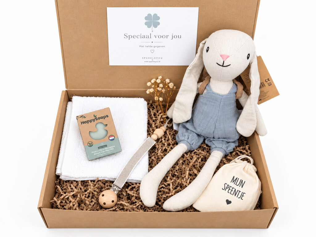 Babymomentje Blauw kraamcadeau met Bunny Hugo, babybar en wit gastendoekje