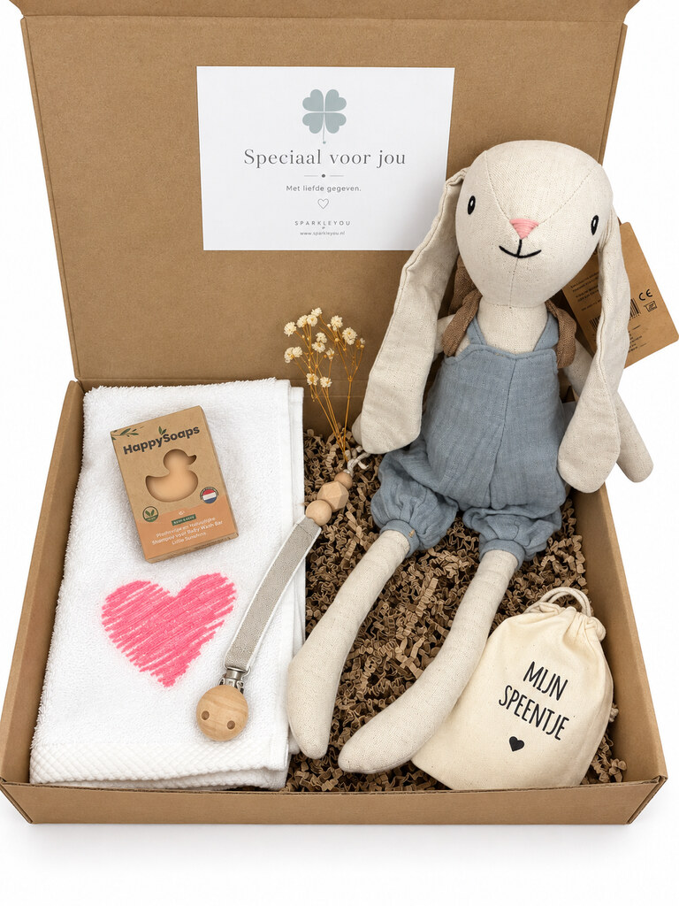 Babymomentje Roze kraamcadeau met Bunny Hugo en gastendoekje met roze hart