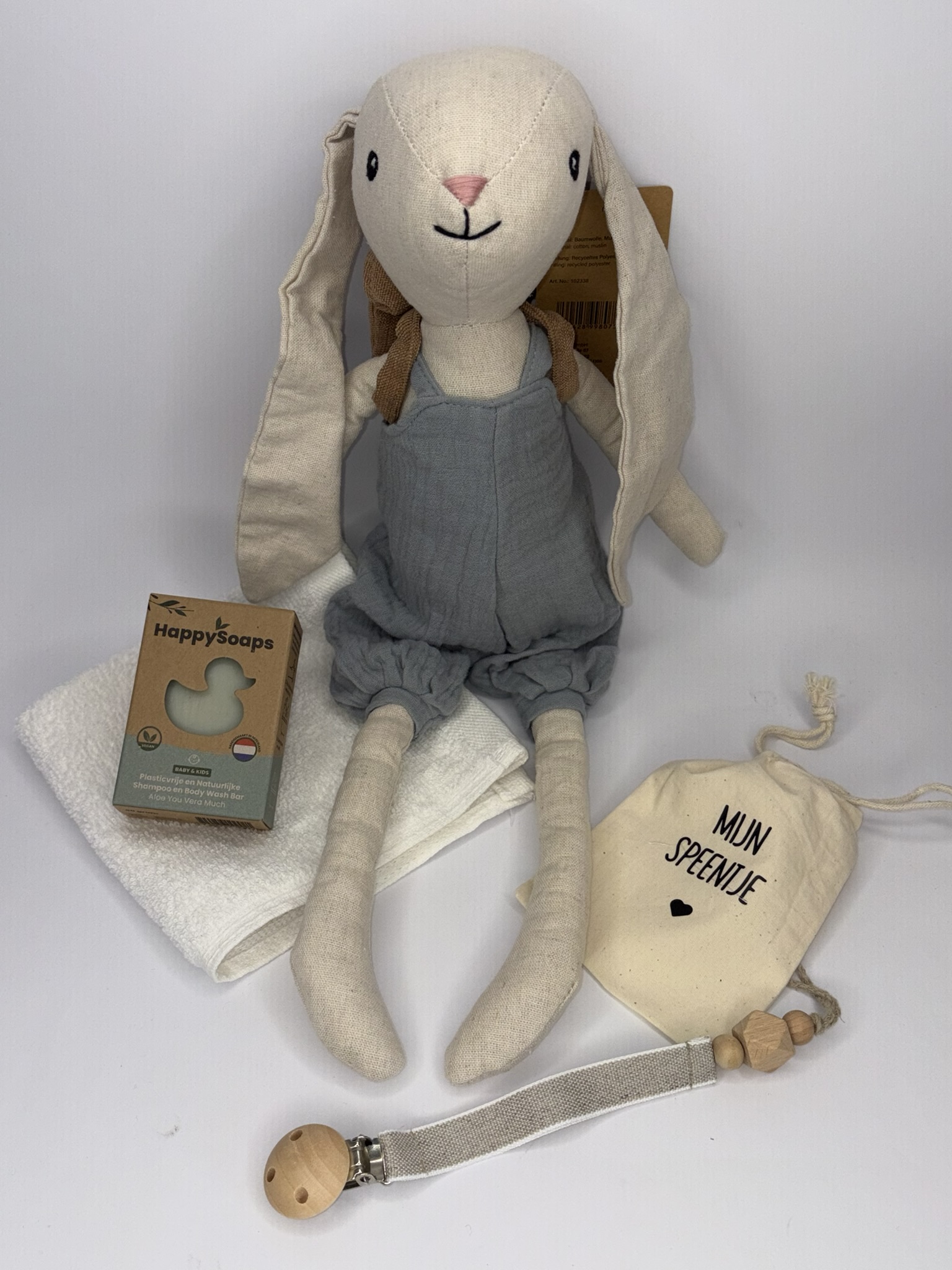 Inhoud van Babymomentje Blauw met Bunny Hugo en babyverzorging