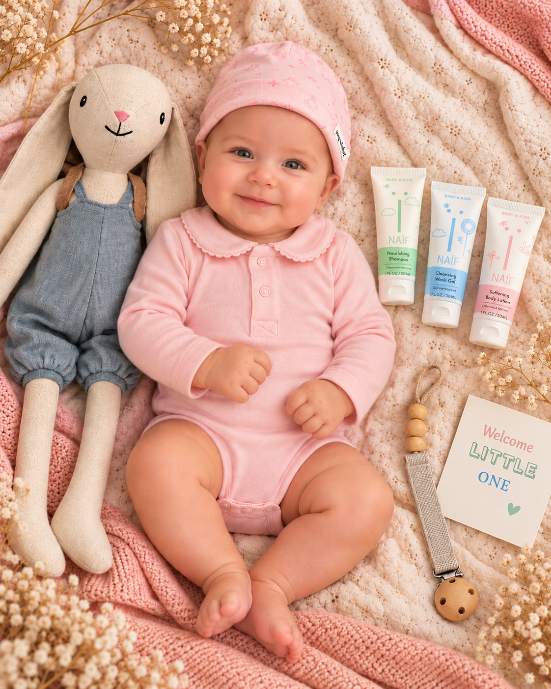 Luxe kraamcadeau Een Roze Wolk met roze babyromper maat 62, bijpassend mutsje, knuffelkonijn Bunny Hugo, Naïf babyverzorging en beige speenkoord.